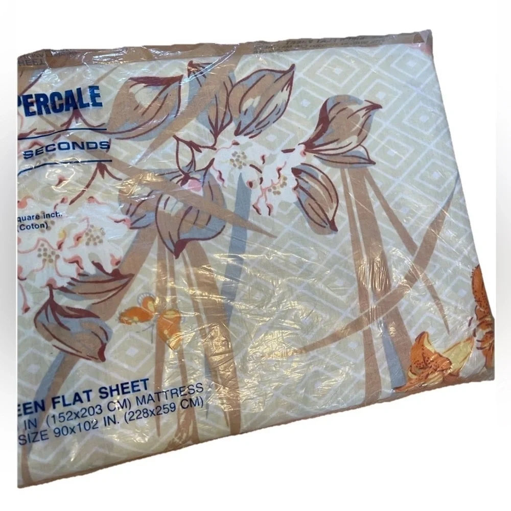 🆕Vintage 1970s Floral Queen Flat Sheet NOS no iron percale 50/50‎ cotton poly